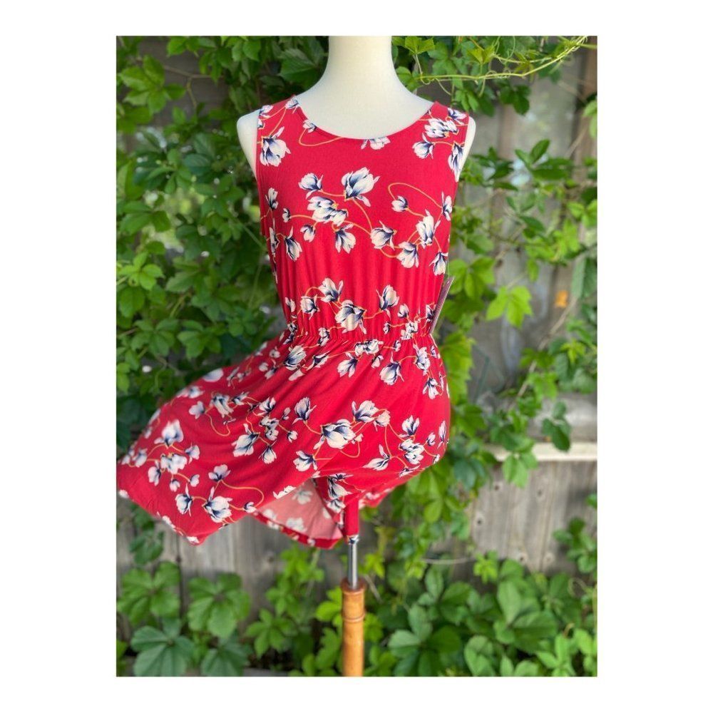 French Grey Red Floral Jersey Knit Tank Swing Dress Summer Stretch Sz M